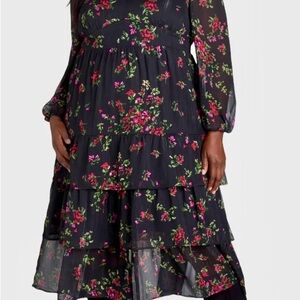 Time and Tru Floral Metallic Tiered Midi Dress 1X